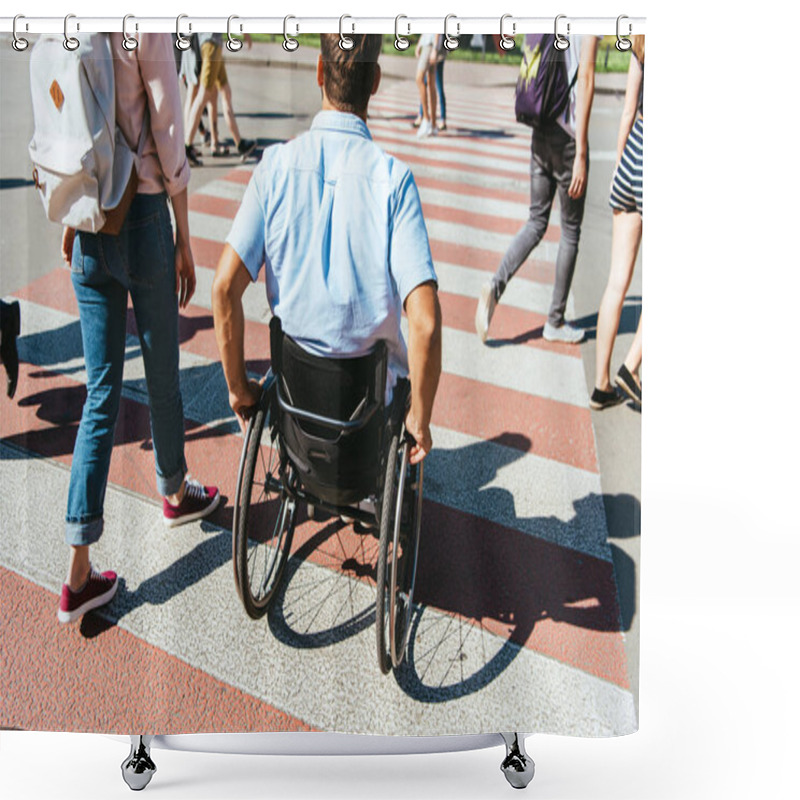 Personality  Back View Of Boyfriend In Wheelchair And Girlfriend Crossing Crosswalk In City Shower Curtains