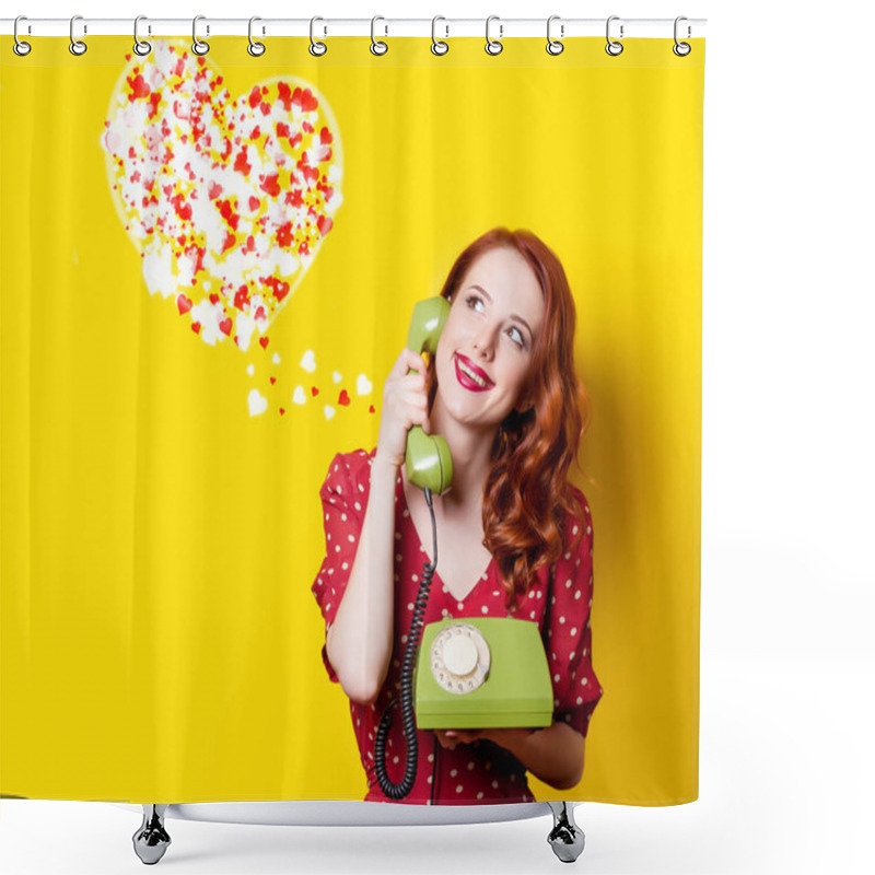 Personality  Girl In Red Dress With Green Dial Phone And Hearts Shower Curtains