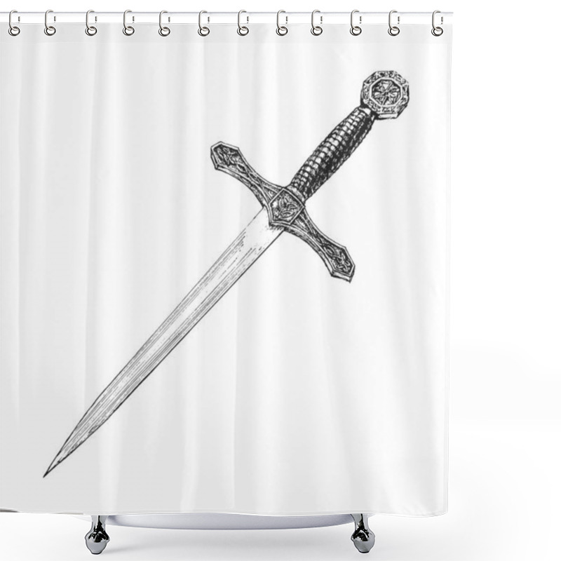 Personality  Dagger, Vector Illustration In Engraving Style, Hand Drawn Sketch Of Medieval Age Weapon, Vintage Esoteric And Occult Sign Shower Curtains