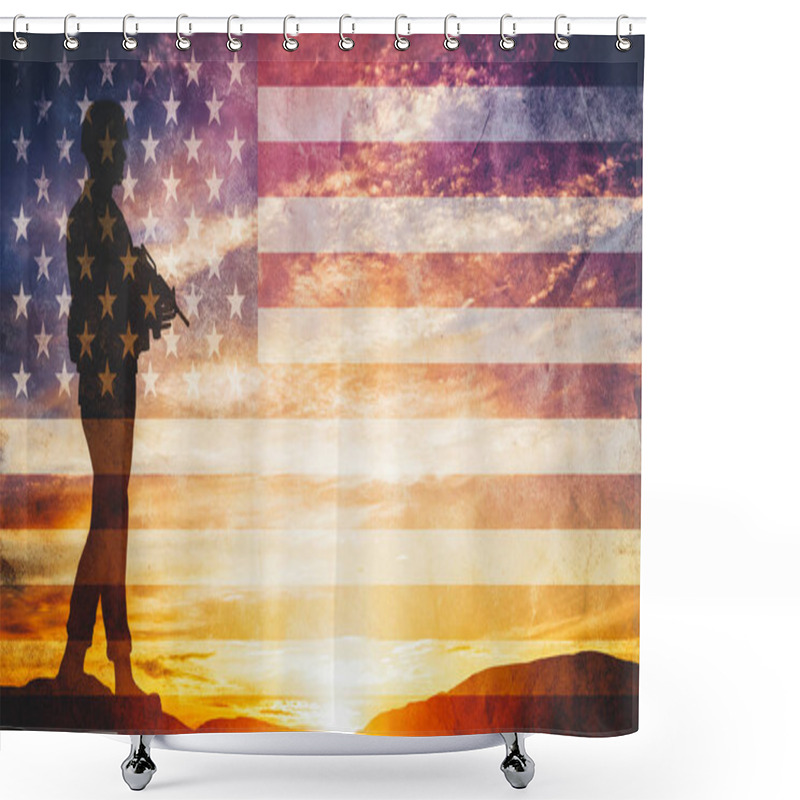 Personality  Armed Soldier With Rifle Standing And Looking On Horizon. USA Flag. Silhouette At Sunset. War, Army, Military, Guard. Shower Curtains