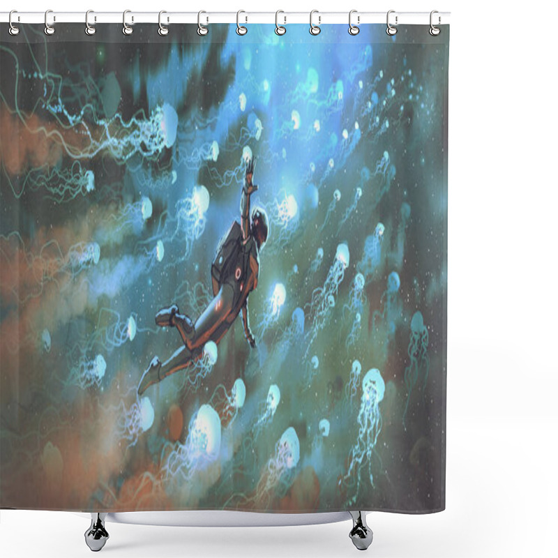 Personality  Astronaut Floating With Glowing Jellyfishes In Space, Digital Art Style, Illustration Painting Shower Curtains