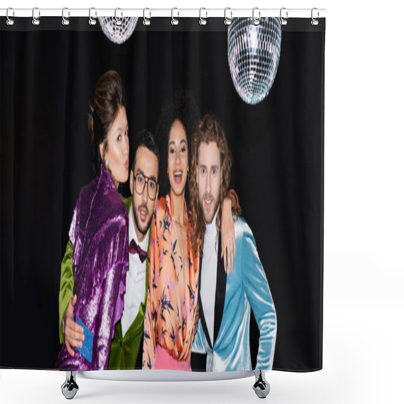 Personality  Happy Interracial Friends Posing In Night Club On Black Background, Banner Shower Curtains