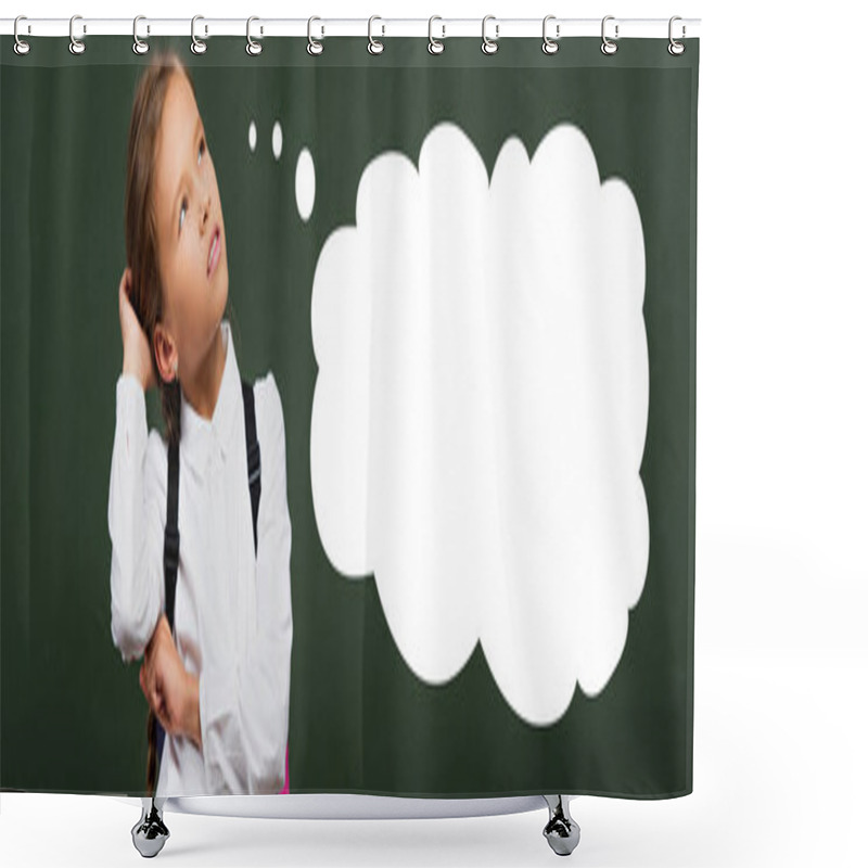 Personality  Panoramic Shot Of Thoughtful Schoolgirl Touching Head And Looking Up Near Chalkboard With Thought Bubble Illustration  Shower Curtains