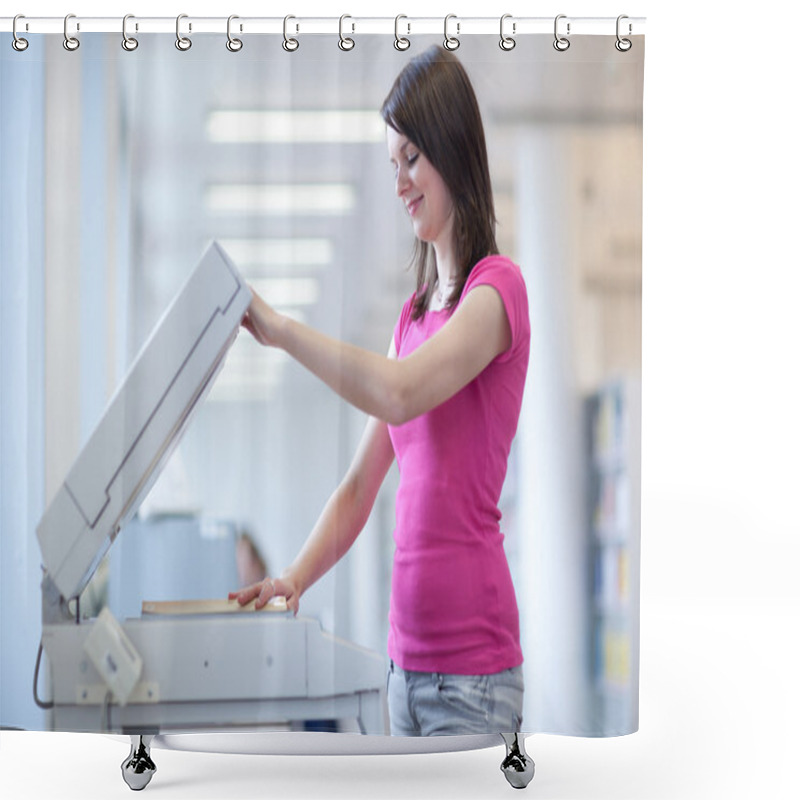 Personality  Pretty Young Woman Using A Copy Machine Shower Curtains