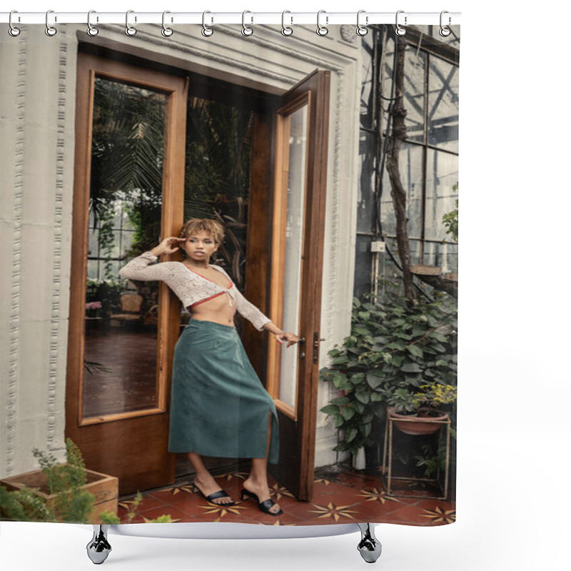 Personality  Full Length Of Fashionable Young African American Woman In Summer Outfit Opening Door Of Indoor Garden And Standing Near Plants, Fashionable Woman Enjoying Summer Vibes Shower Curtains