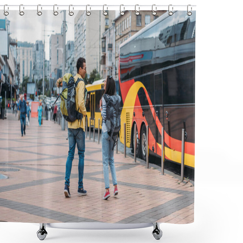 Personality  Back View Of Travelers With Backpacks Near Travel Bus Shower Curtains