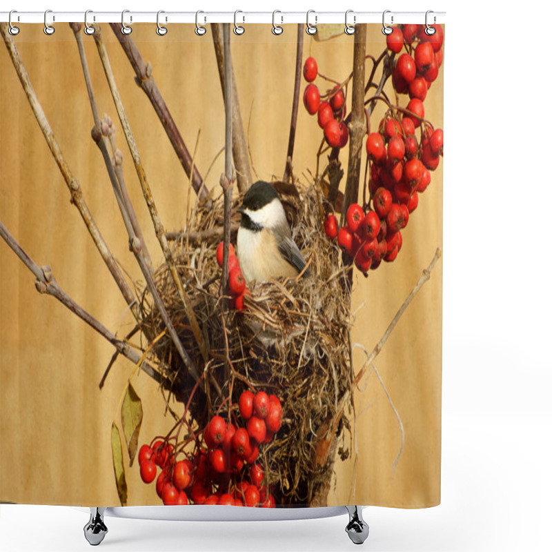 Personality  Chickadee In A Nest With Berries. Shower Curtains