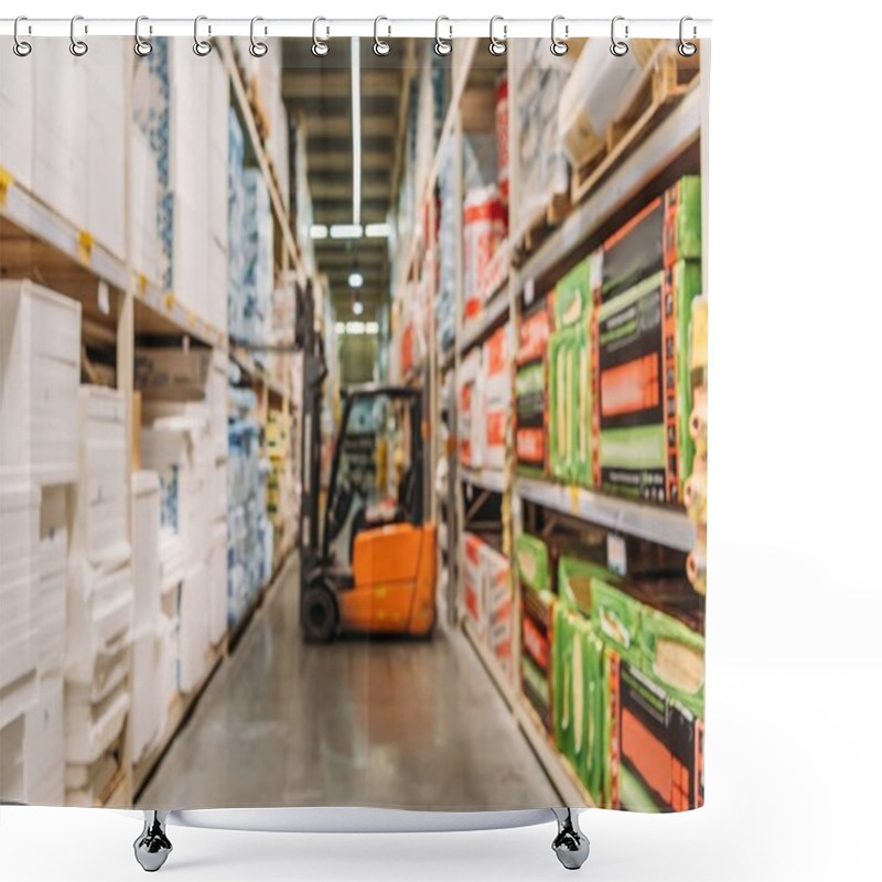 Personality  Blurred View Of Forklift Machine And Shelves With Boxes In Storage Shower Curtains