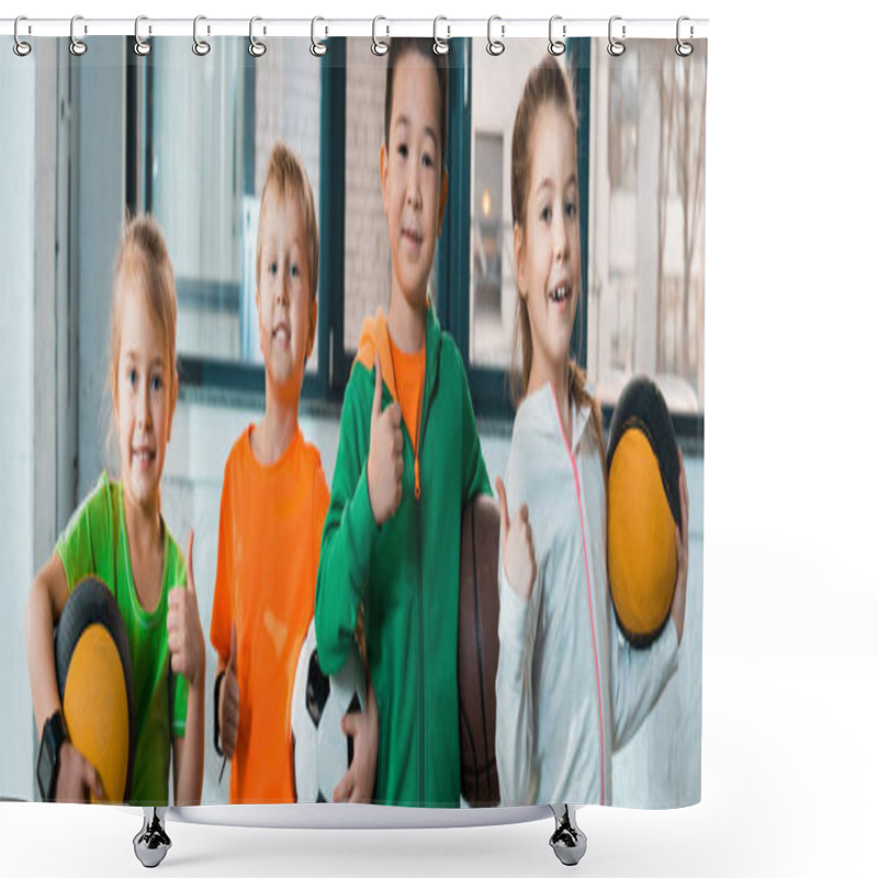 Personality  Front View Of Happy Multicultural Children Holding Balls In Gym, Panoramic Shot Shower Curtains