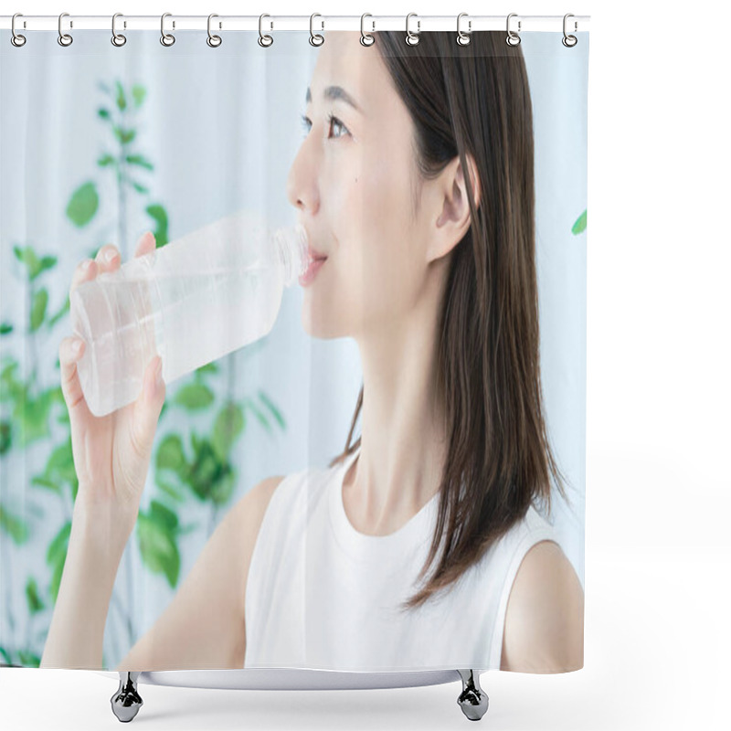 Personality  Young Woman Drinking Water From A Plastic Bottle Shower Curtains