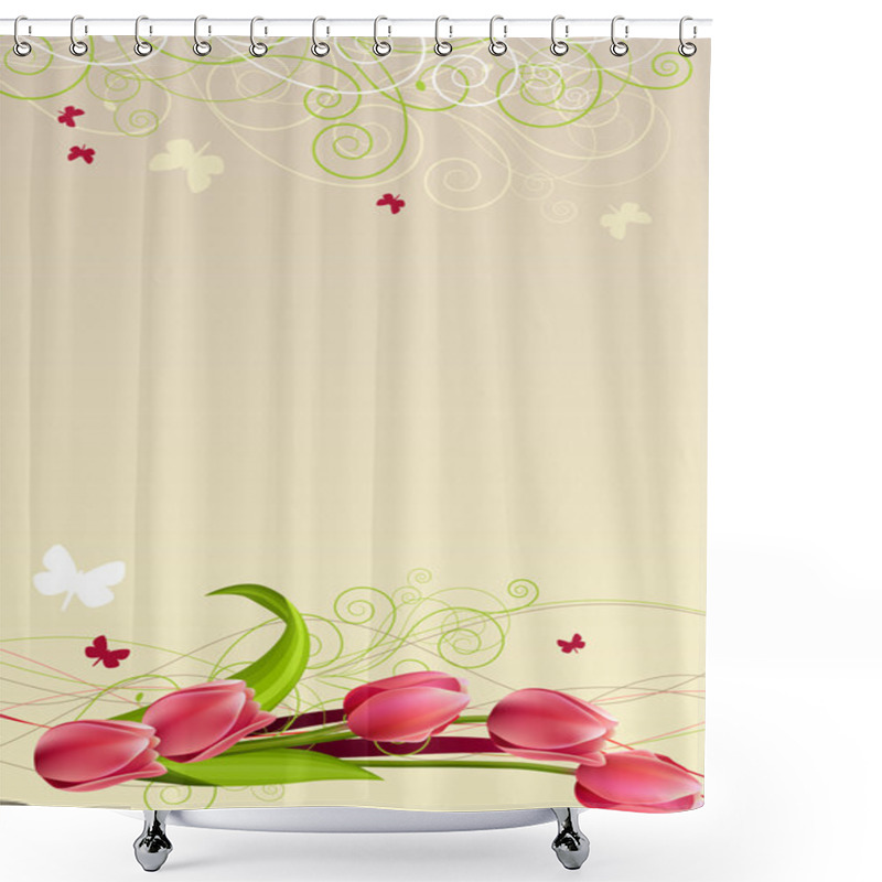 Personality  Spring Frame With Tulips, Butterflies And Swirls Shower Curtains