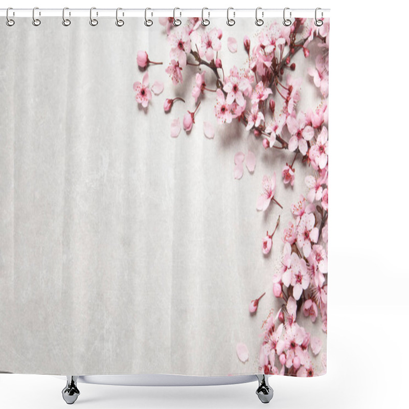 Personality  Blossoming Spring Tree Branches As Border On Light Stone Table, Flat Lay. Space For Text Shower Curtains