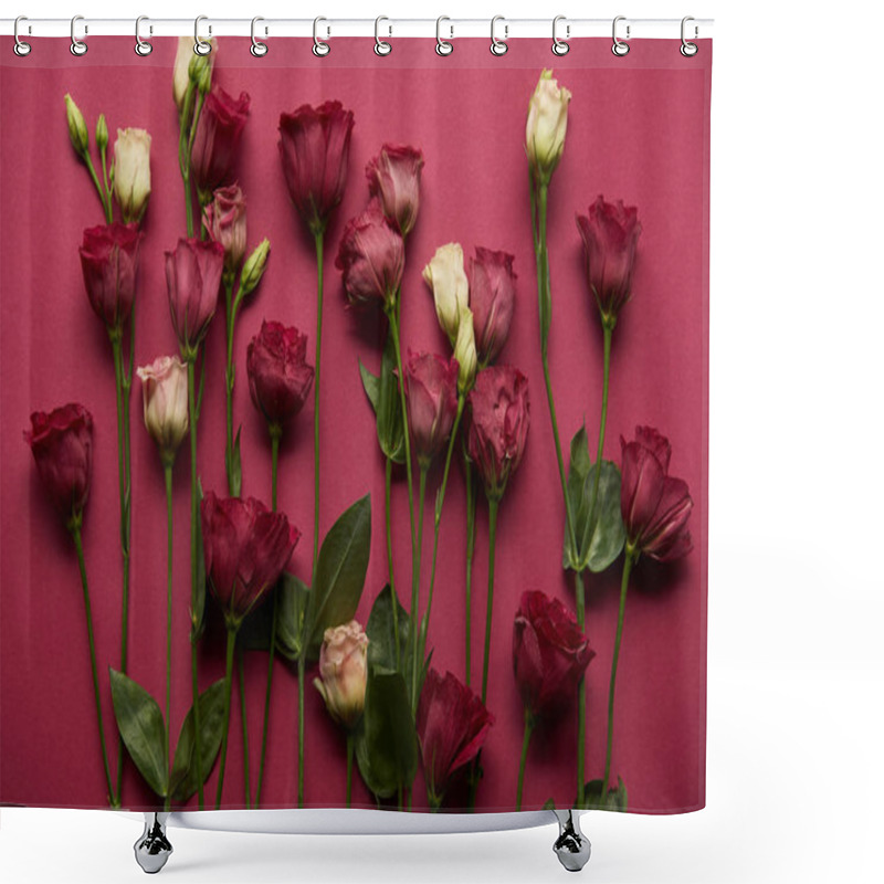 Personality  Blooming Flowers With Green Leaves On Ruby Background  Shower Curtains