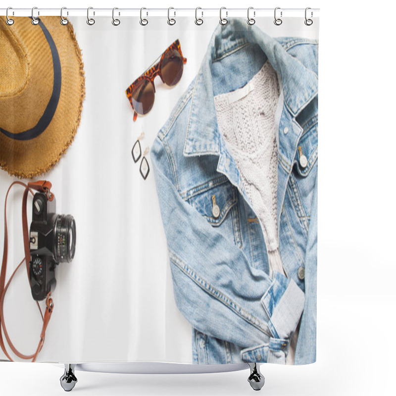 Personality  Creative Flat Lay Of Travel Items With Camera And Woman Jacket Jeans On White Background Shower Curtains