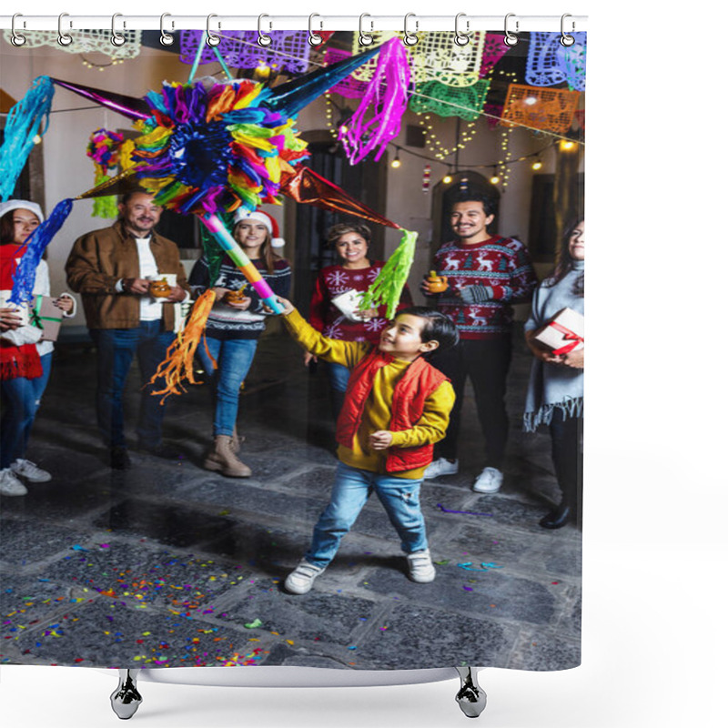 Personality  Hispanic Family Breaking A Pinata At Traditional Mexican Posada Celebration For Christmas In Mexico Latin America Shower Curtains