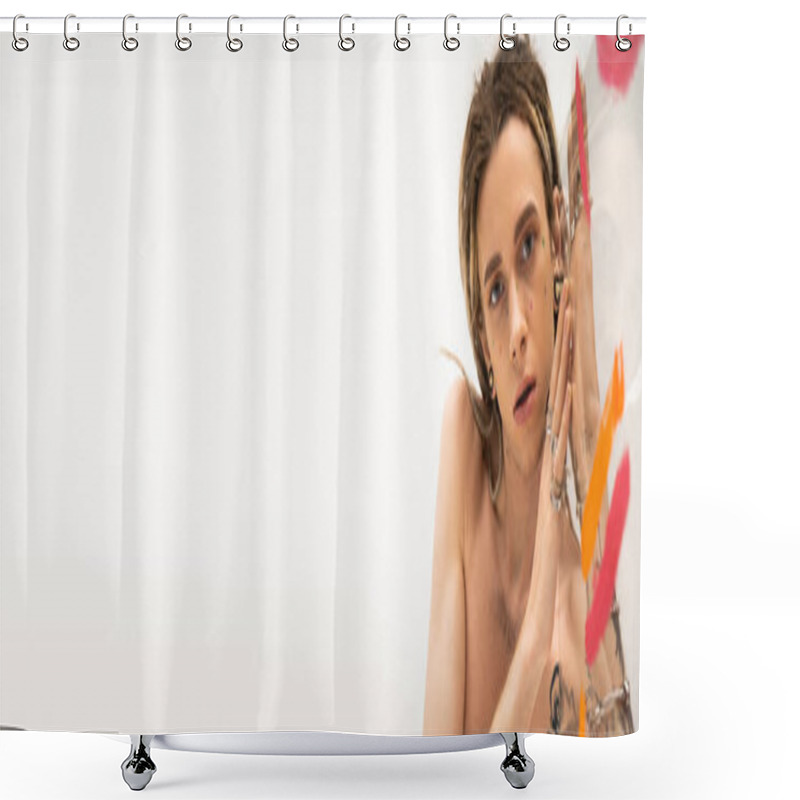 Personality  Shirtless Queer Model In Silver Rings Posing Near Glass With Paint Strokes On White Background, Banner Shower Curtains