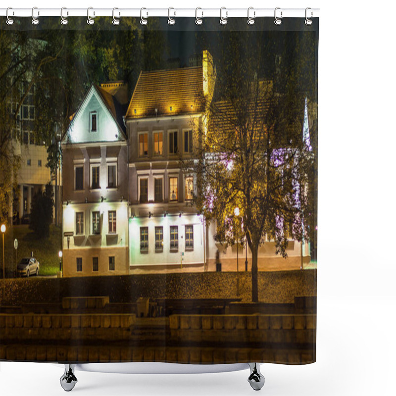 Personality  Night Scene With Illuminated Building At The Riverside Of Svisloch In Ceter Of Minsk. Shower Curtains