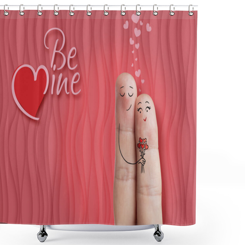 Personality  Finger Art Of A Happy Couple. Man Is Giving Bouquet. Stock Image Shower Curtains