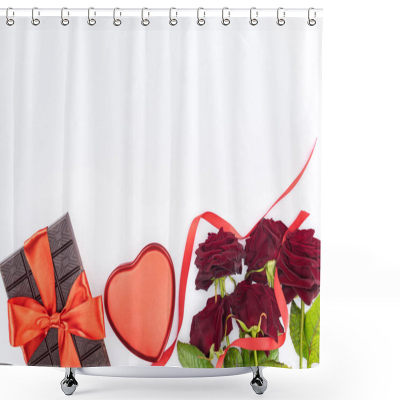 Personality  Top View Of Chocolate Wrapped By Festive Ribbon, Red Roses And Heart Shaped Gift Box Isolated On White, St Valentine Day Concept Shower Curtains