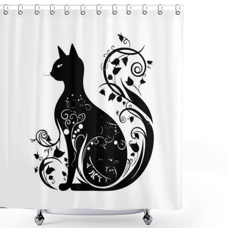 Personality  Isolated Black And White Silhouette Of A Cat, Adorned With Intricate, Abstract Line Art Vintage Patterns. Vector Ornamental Cat On White Background. Decorative Sitting Cat Silhouette. Shower Curtains