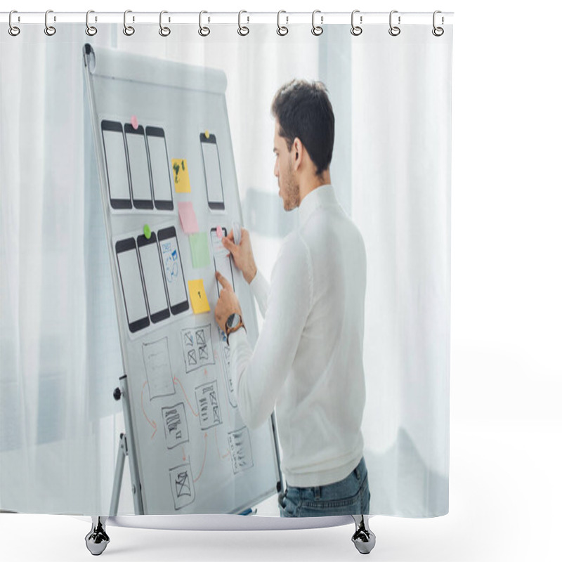 Personality  Side View Of Developer Planning Design Of Mobile Website With Templates On Whiteboard  Shower Curtains