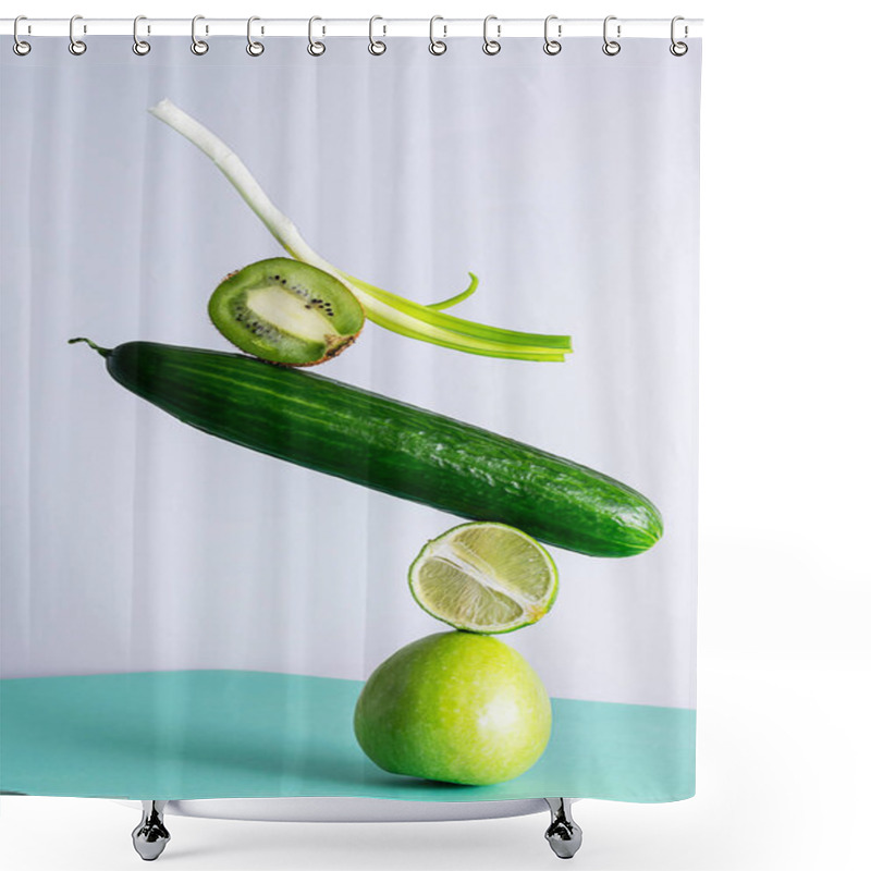 Personality  Balance Of Fruits And Vegetables. Apple, Lime, Cucumber, Kiwi And Onion On Top Of Each Other In A Pyramid Shower Curtains