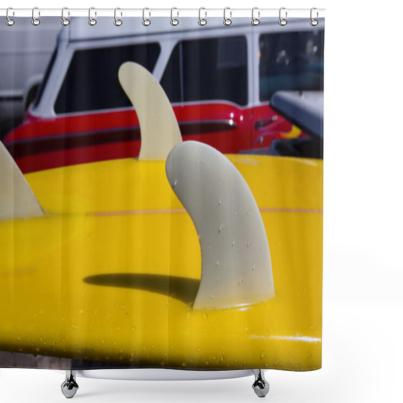 Personality  Yellow Surfboard Keel Fins Detail Eith Red Retro Car In Califor Shower Curtains