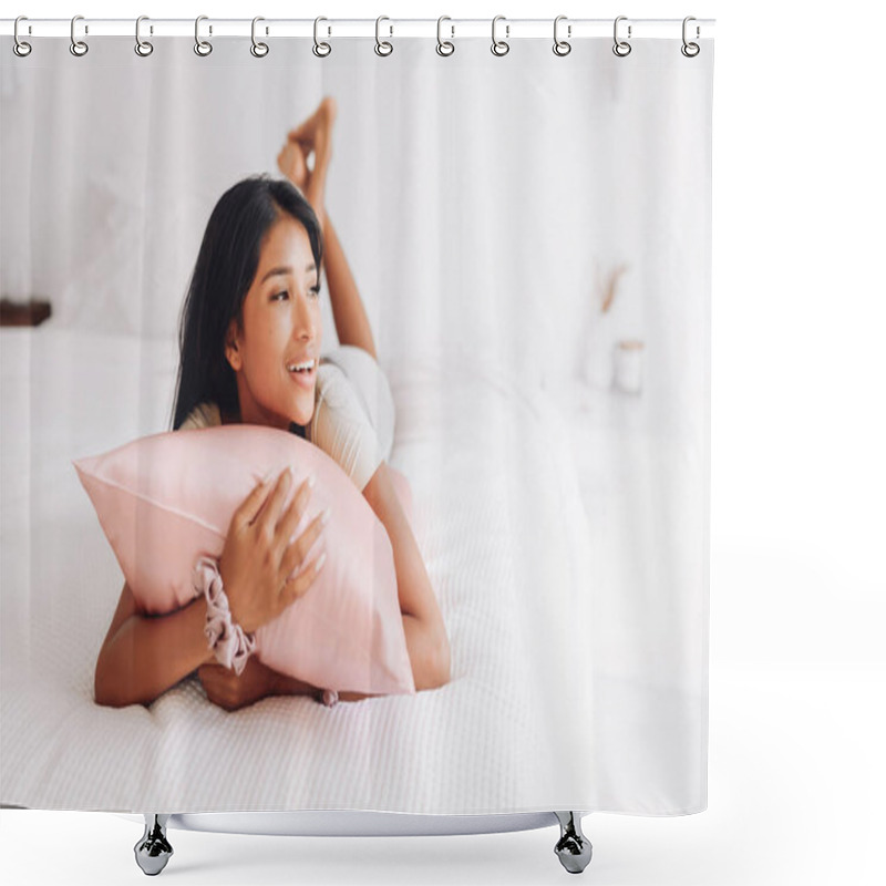 Personality  Beautiful Indonesian Girl Lying On A Pink Pillow With A Silk Pillowcase Shower Curtains