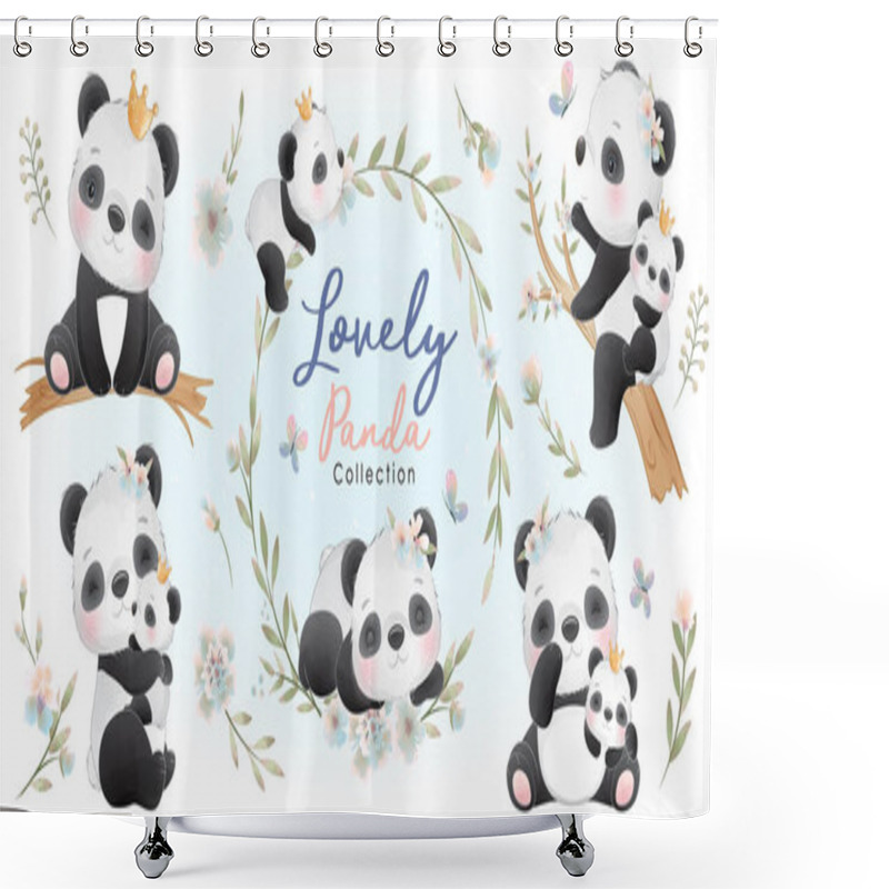 Personality  Cute Doodle Panda With Floral Collection Shower Curtains