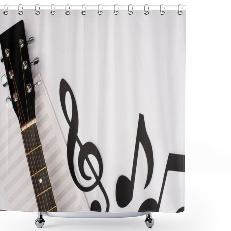 Personality  Top View Of Paper Cut Notes Near Music Book And Acoustic Guitar On White Background Shower Curtains