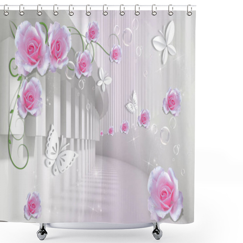 Personality  3d Background With Pink Roses And Paper Butterflies In Architectural Tunnel. Beautiful Flower Wallpaper. Flowers In The Tunnel Is An Original Decoration In Interiors Design. Celebration 3d Background Shower Curtains