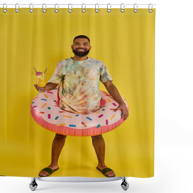 Personality  A Man Relaxes On A Donut Float In A Body Of Water, Holding A Drink In His Hand Under The Hot Sun. Shower Curtains