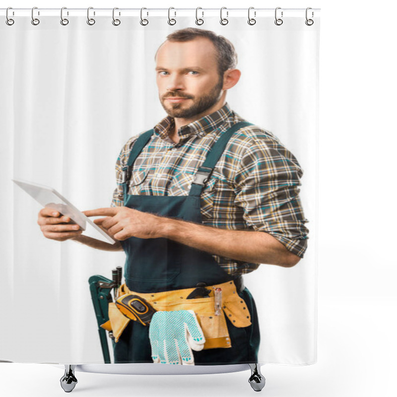 Personality  Handsome Plumber With Tool Belt Using Digital Tablet Isolated On White And Looking At Camera Shower Curtains