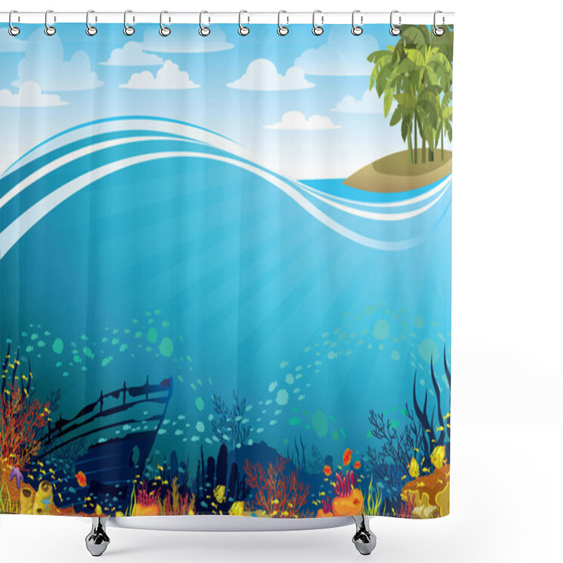 Personality  Coral Reef With Sunken Ship Under The Island Shower Curtains