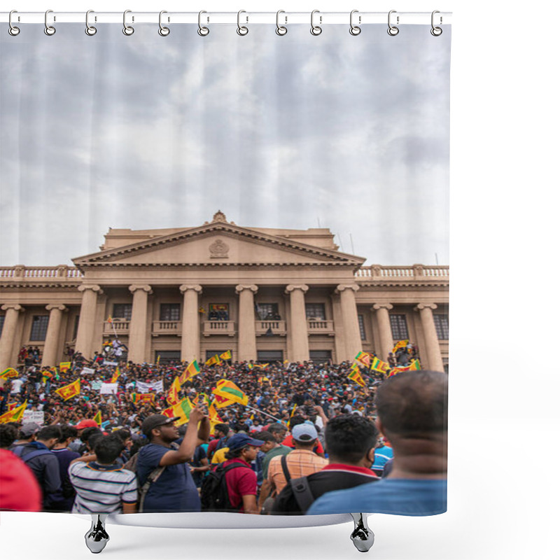 Personality  COLOMBO, SRI LANKA: 9th July 2022: Crowd Of People Unite By The Colonial Facade Of Presidential Secretariat Building During Cost Of Living Protest. Shower Curtains