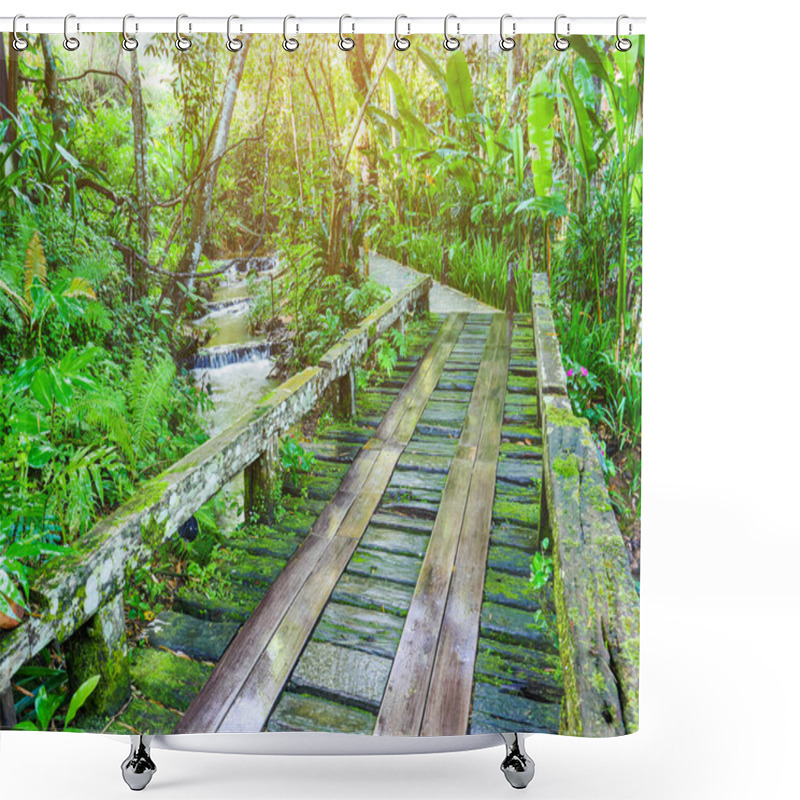 Personality  Wood Bridge Walk Way In The Green Forest With Yellow Light Shining  Shower Curtains