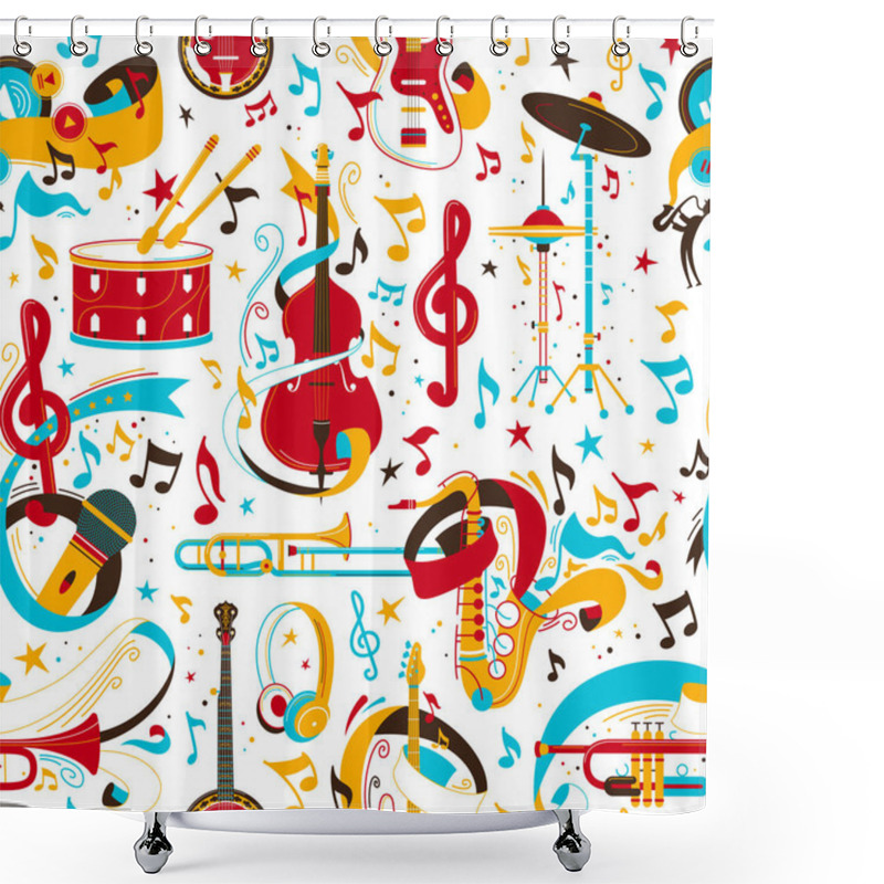 Personality  Jazz Music Instruments Retro Vector Seamless Pattern. Banjo, Drumset, Trumpet, Musical Notes Texture. String, Brass, Instruments. Classical Orchestra, Rock Concert, Music Festival Background Shower Curtains