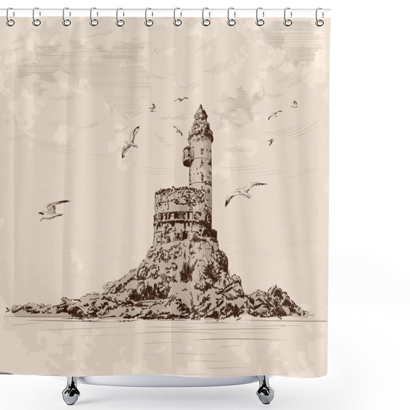 Personality  Lighthouse On The Rocky Seashore. Seagulls Fly Over The Cliff. Hand Drawing On A Beige Background. Shower Curtains