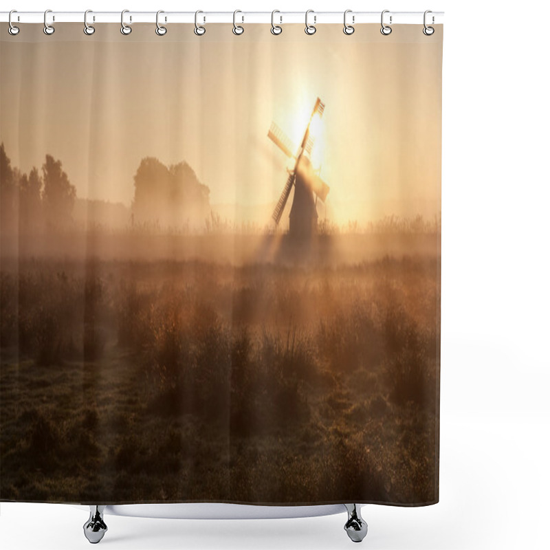 Personality  Sunshine Behind Windmill In Morning Fog Shower Curtains