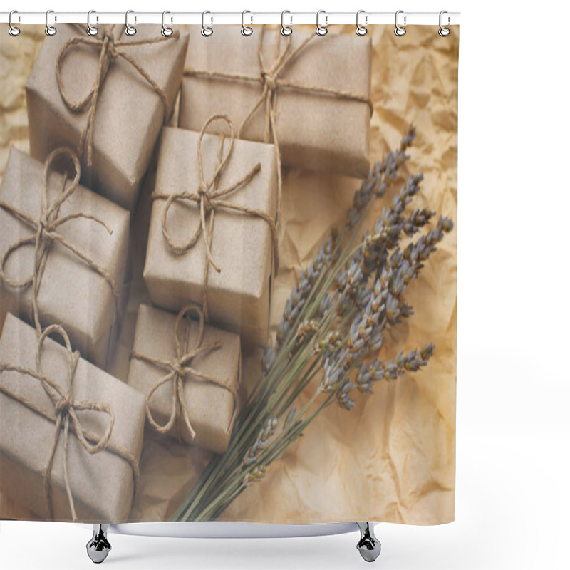 Personality  Set Of Brown Gift Boxes. Wrapped In Craft Paper And Tied By Hemp Cord. Old Paper Background. Small Lavender Bouquet.  Shower Curtains