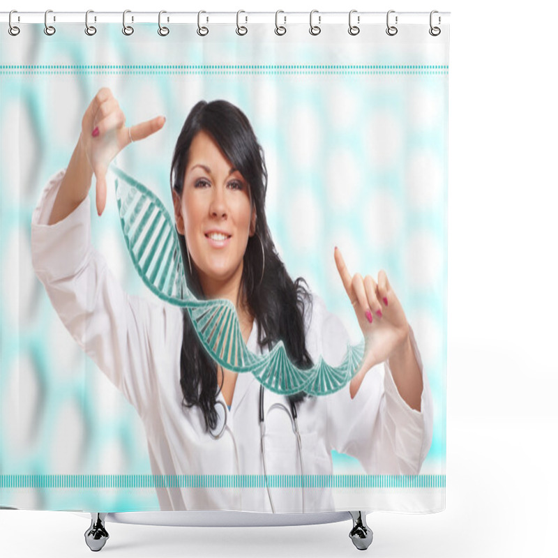 Personality  Researcher Holding Up A DNA Strand In The Laboratory Shower Curtains