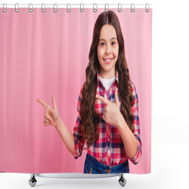 Personality  Portrait Of Nice Pretty Lovely Lady Youth Small Future Promoter Ads Adverts Recommend Advice Subscribe Look Wear Fashionable Cool Clothing Isolated Pastel Background Shower Curtains