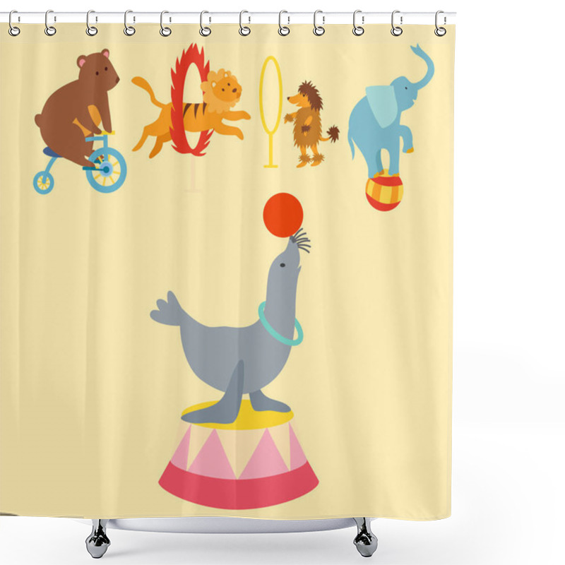 Personality  Circus Funny Animals Set Of Vector Icons Cheerful Zoo Entertainment Collection Juggler Pets Magician Performer Carnival Illustration. Shower Curtains