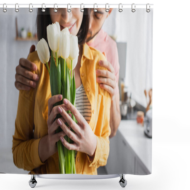 Personality  Partial View Of Young Man Hugging Girlfriend With Bouquet Of Flowers In Kitchen Shower Curtains