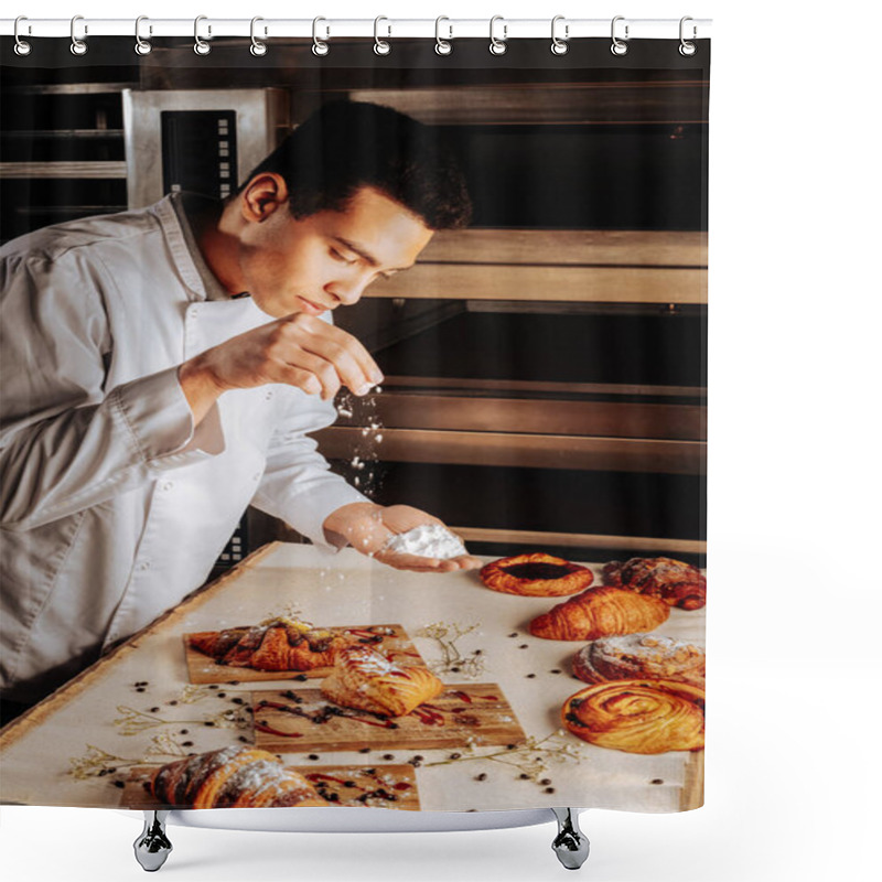 Personality  Professional Baker Feeling Good While Finishing Decoration Of Pastry Shower Curtains