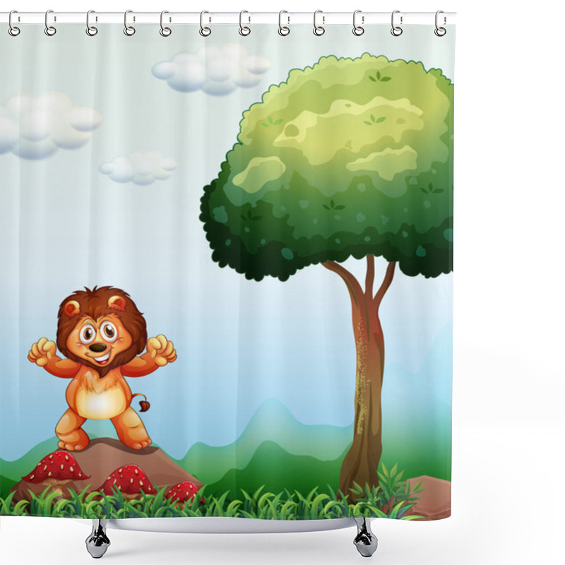 Personality  A Lion At The Forest Standing Above The Rock Near The Mushroom P Shower Curtains