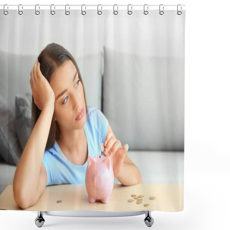 Personality  Sad Young Woman With Piggy Bank At Home Shower Curtains