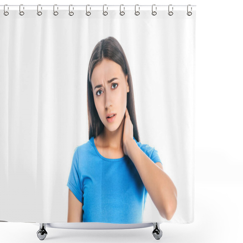 Personality  Portrait Of Young Woman Feeling Pain In Neck Isolated On White Shower Curtains