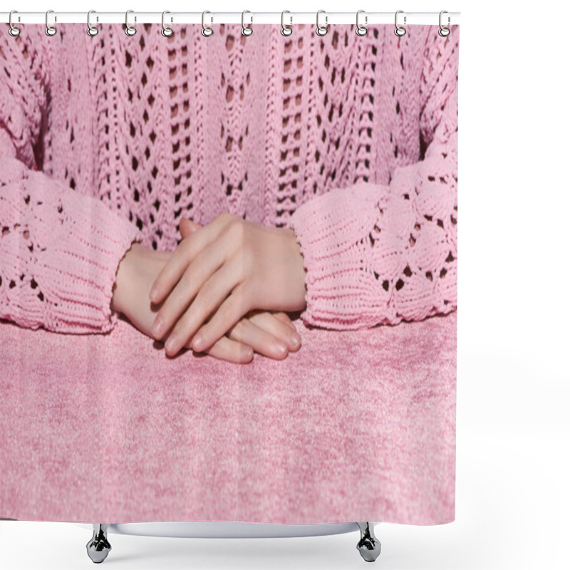 Personality  Cropped View Of Woman With Clenched Hands On Velour Pink Cloth, Girlish Concept  Shower Curtains