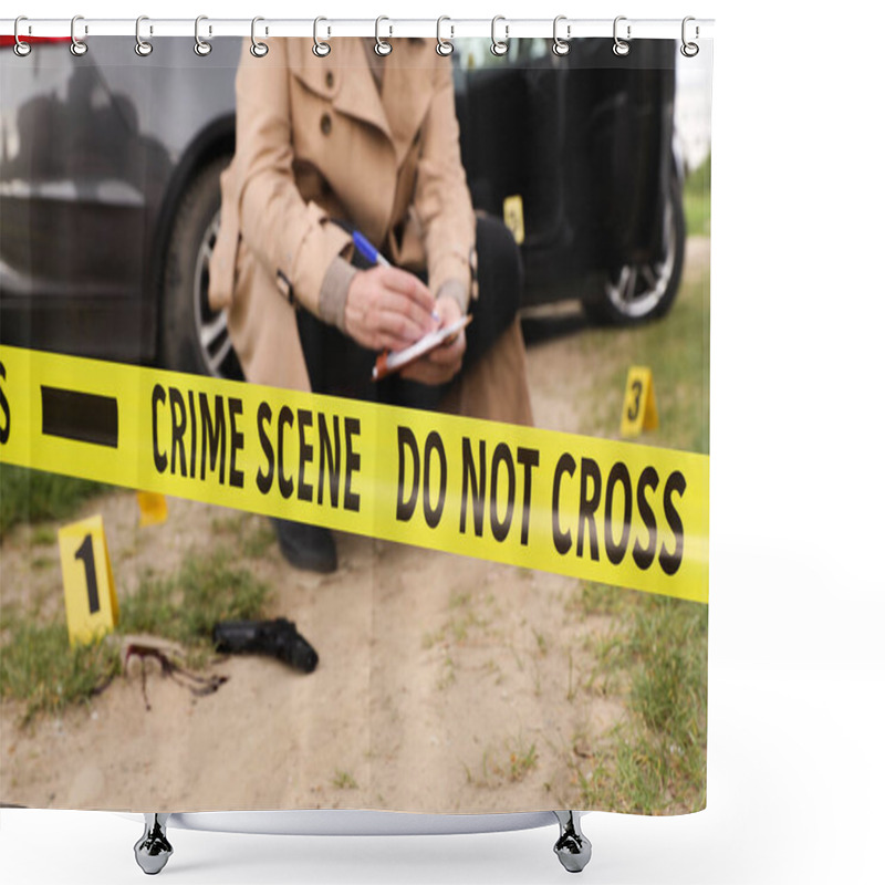 Personality  Professional Detective Examining Crime Scene Outdoors, Focus On Yellow Tape Shower Curtains